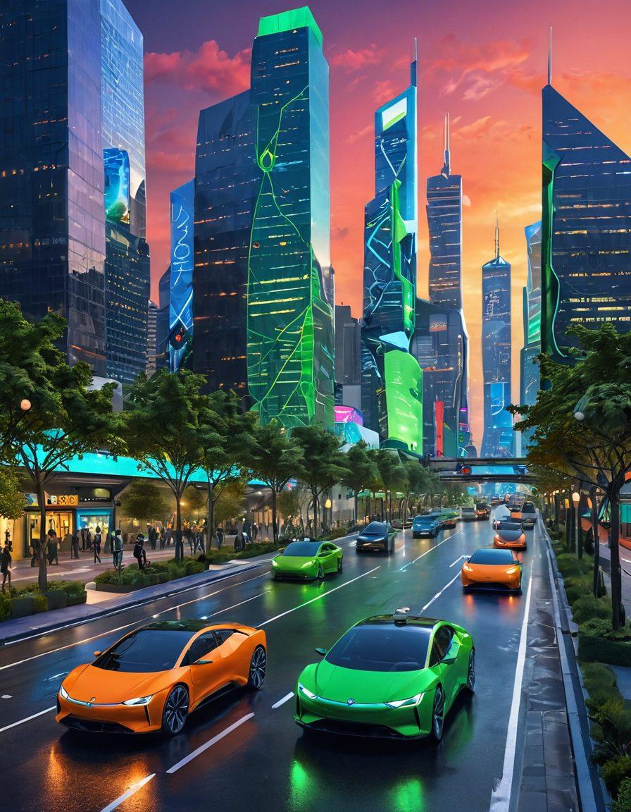 A futuristic city skyline with a blend of green spaces and innovative transportation methods like autonomous electric vehicles and hover taxis. People from diverse backgrounds using ride-hailing apps on their smartphones. A vibrant atmosphere showcasing efficient shared transportation options, with digital screens displaying real-time updates. Bright neon colors to emphasize the tech-savvy environment and a seamless integration of nature and technology. super-realistic. vibrant colors.