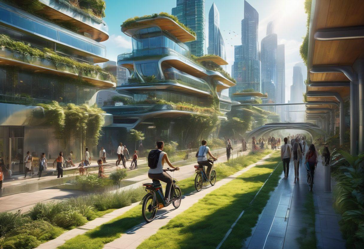 A futuristic cityscape showcasing eco-friendly shared transportation methods, including electric bikes, shuttles, and pedestrians on vibrant green paths. The skyline is dotted with sleek, sustainable buildings featuring solar panels and vertical gardens. In the foreground, diverse people happily using these transportation options, emphasizing community and sustainability. Bright daylight emphasizes a clean and vibrant atmosphere. cyberpunk. vibrant colors. 3D.